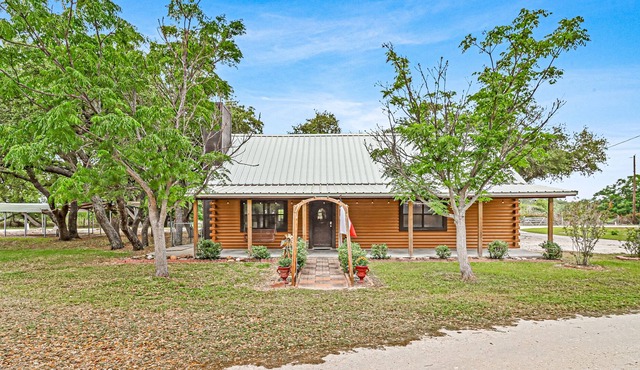 2-story cabin with an enclosed yard, patio, and large shade trees