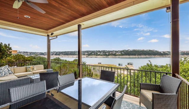 Lakefront w gourmet kitchen, open living, multiple decks/patios, hot tub, dock