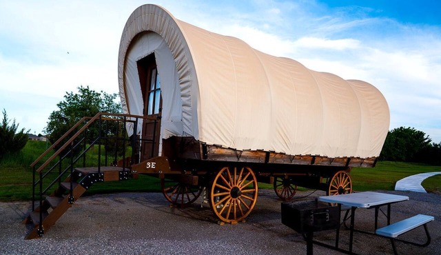 Oklahoma Glamping in this Wonderful Covered Wagon for Family Vacations near Oklahoma City in Moore